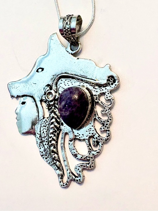 Jewelry - 2 1/2,inch, Lepidolite, on Native American with  Headdress pendant on chain.